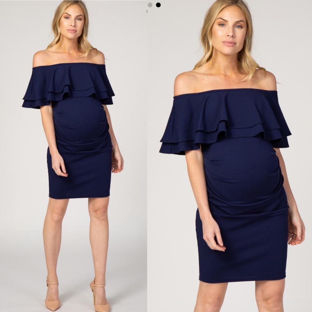Pinkblush Navy Ruffle Off Shoulder Maternity Dress